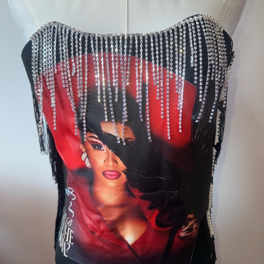 Chic Black and Red Women's Top with Rhinestone Fringe